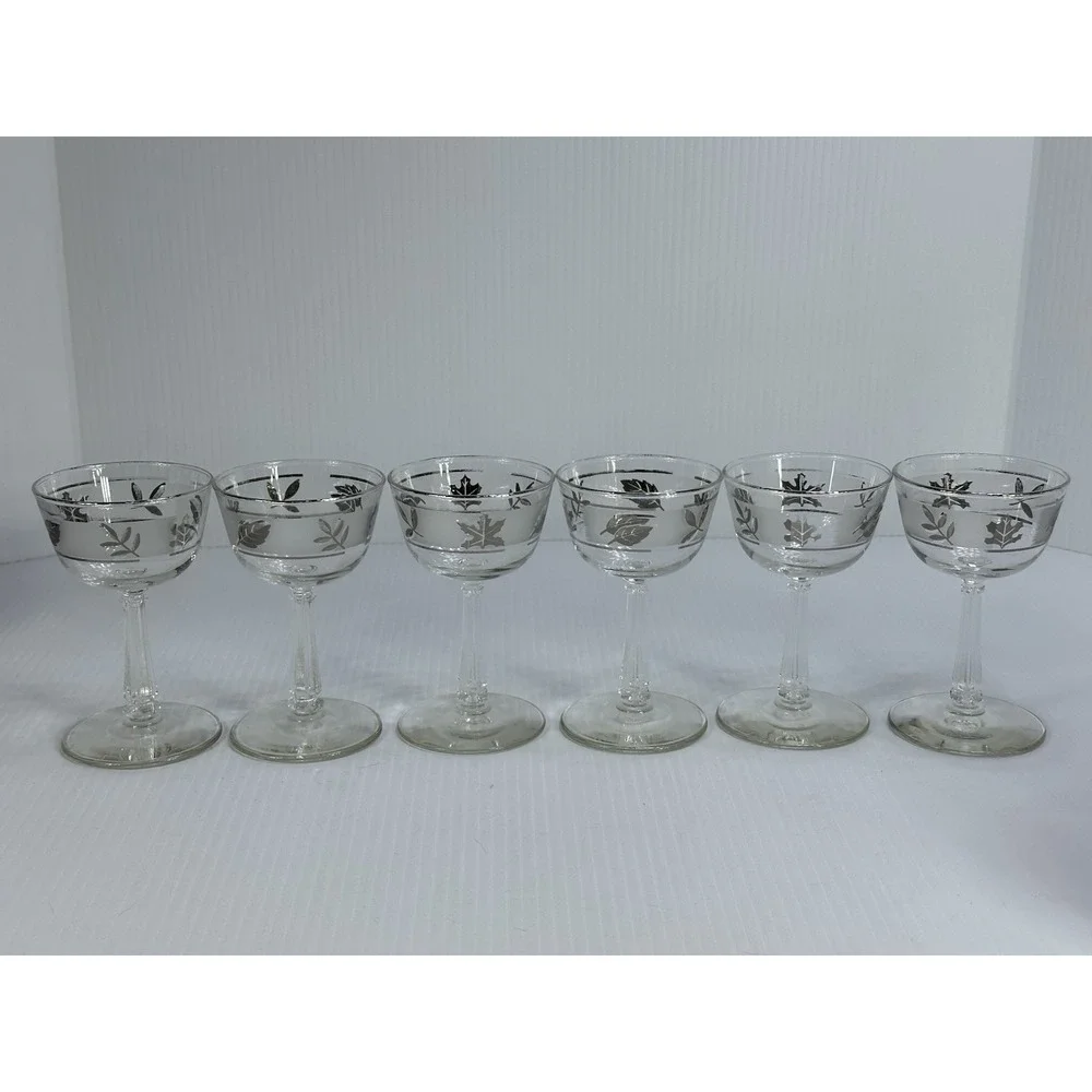 6 Vintage Libbey Silver‎ Leaf Frosted Champagne Glasses 5